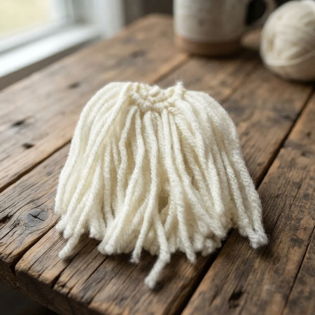 A fluffy white yarn beard piece rests on a rustic wooden table, with yarn in the background.