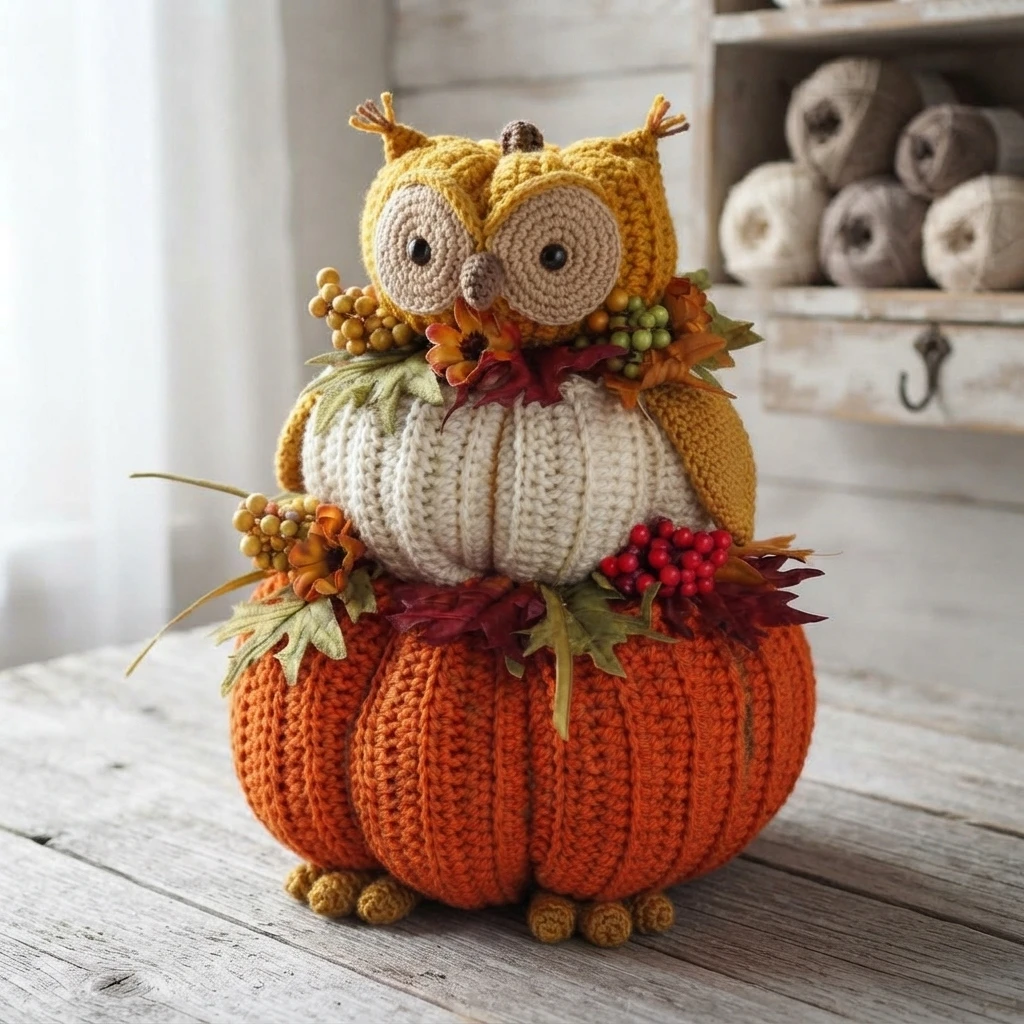 A yellow crocheted owl with autumn leaves perched on a stack of three crocheted pumpkins.