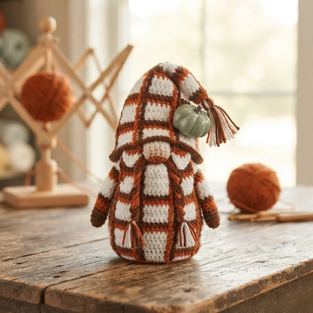 A crocheted autumn gnome in a brown, orange, and white plaid outfit, with a pointed hat, tassels, a beard, and a small pumpkin decoration, standing on a wooden table.