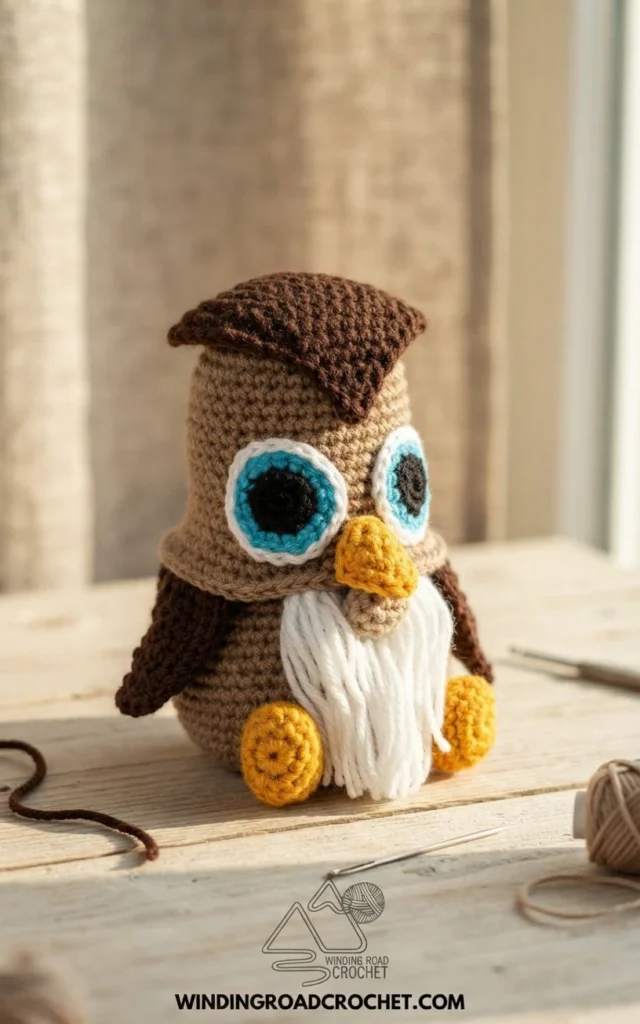 Brown crocheted owl gnome with a dark brown cap and wings, turquoise eyes, yellow beak and feet, and a long white beard, sitting on a wooden surface.