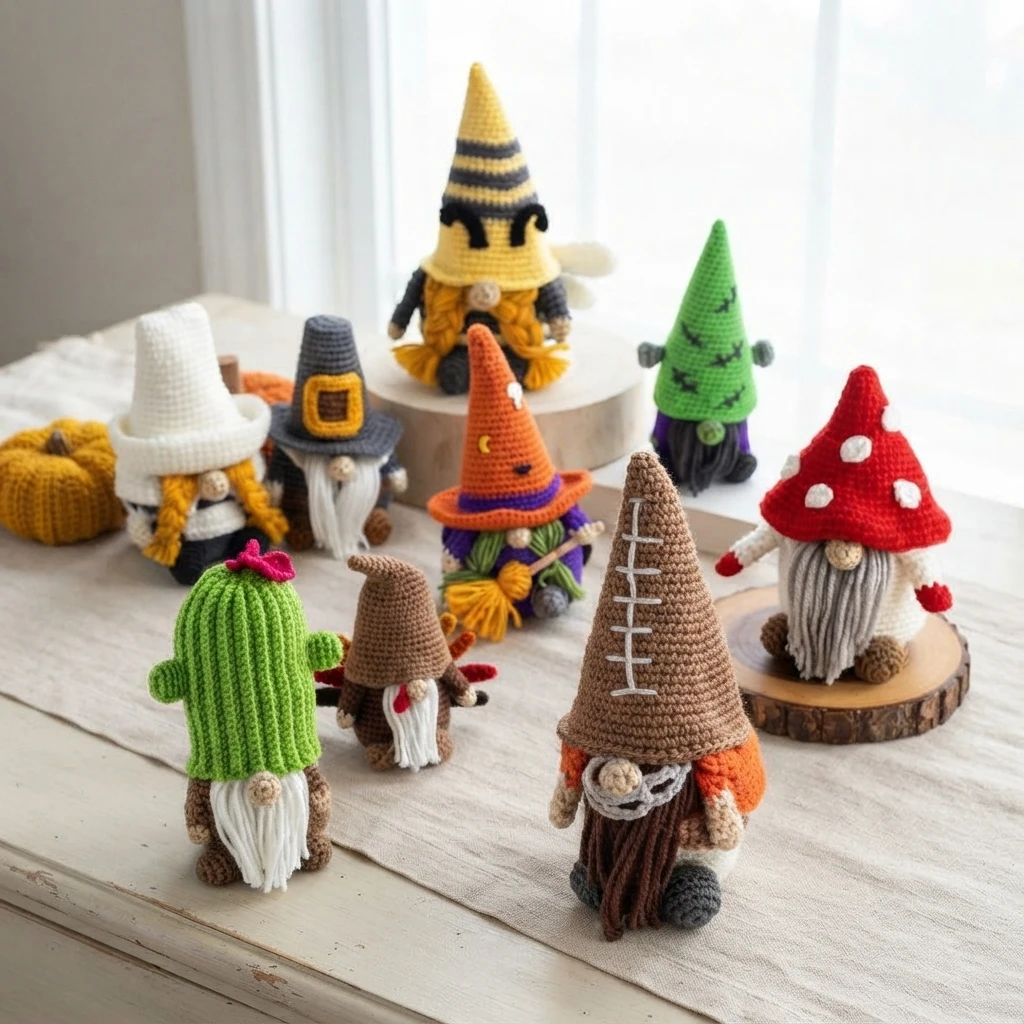 A group of crocheted gnomes with tall hats, yarn beards, and colorful seasonal details arranged on a table.