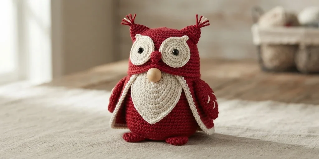 A finished red crocheted owl gnome with cream eye patches, a white beard, outstretched wings, and a round wooden nose.