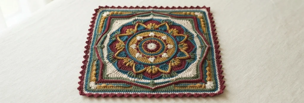 Crocheted square mandala block in burgundy, teal, mustard, cream and green with a picot edging, laid flat on a light cloth.