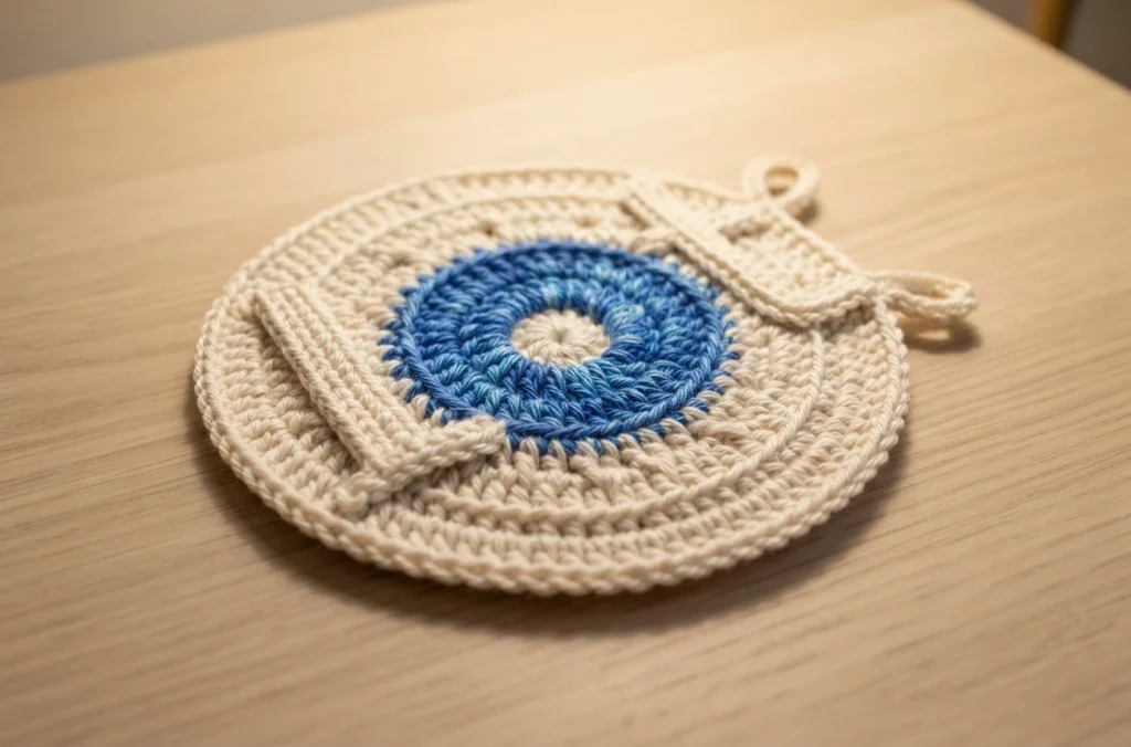 Flat circular crochet piece with a blue center and cream outer rounds, plus a looped strap, resting on a light wood table