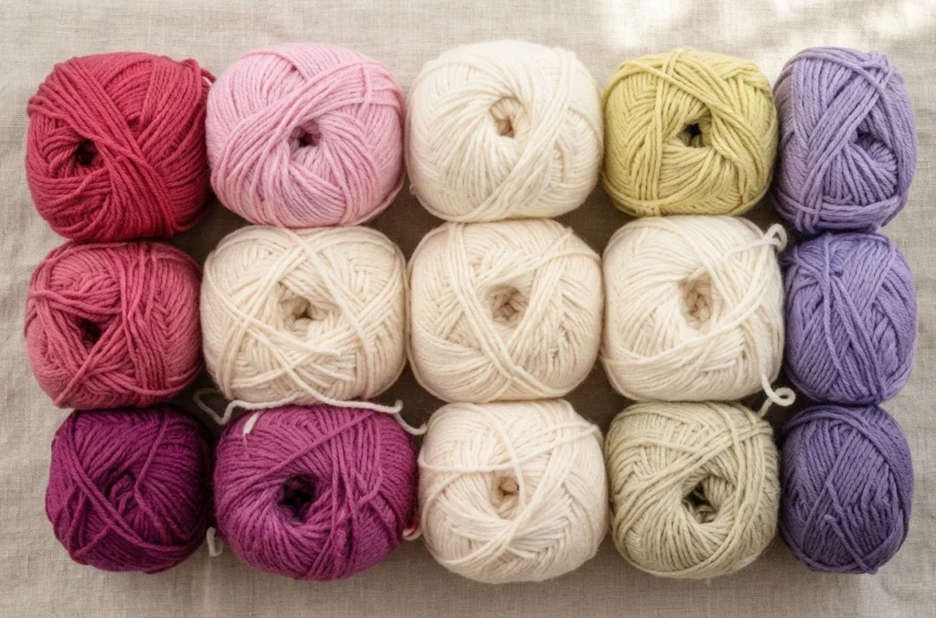 Douze pelotes de laine disposées en grille sur un tissu de lin clair, dans des tons rose, crème, jaune pâle et violet.