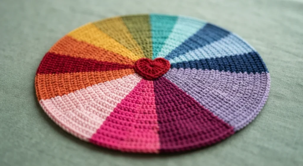 Crocheted circular mat in rainbow wedges of red, orange, yellow, green, teal, blue and purple, with a small red crocheted heart at the centre, resting on a pale green textured surface.