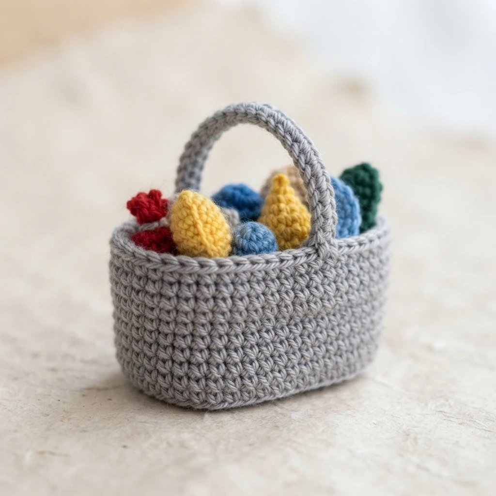 Crocheted grey basket with a rounded handle holding small crocheted fruits, including a yellow pear shape, a red apple shape and blue berry shapes, resting on a pale mottled surface with a softly blurred background.