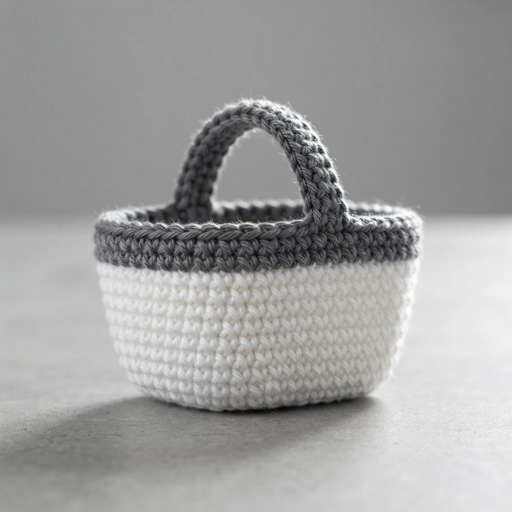 Crocheted basket with a white body, a grey rim and a grey handle, resting on a pale grey surface against a soft grey background.