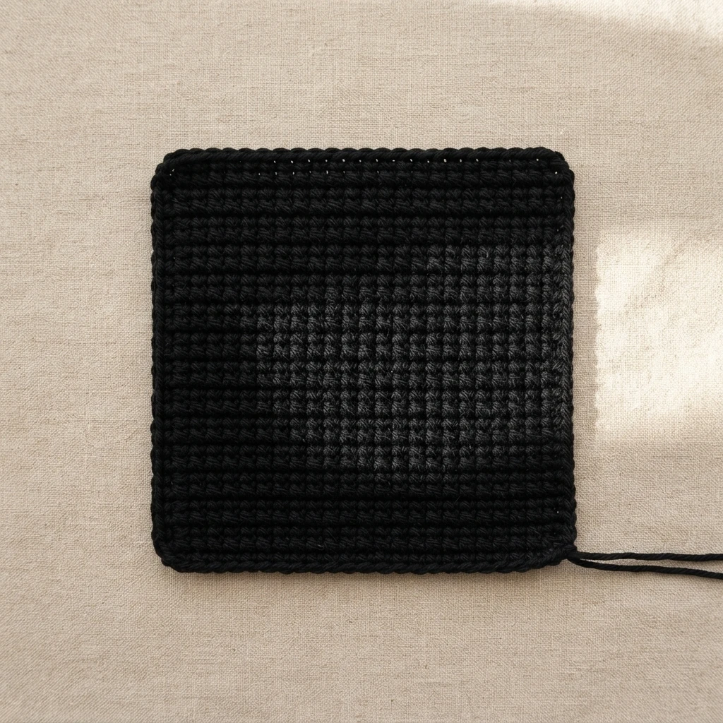 A plain black crocheted square worked in rows and laid flat on a light beige linen surface, with two yarn tails extending from the lower right corner.