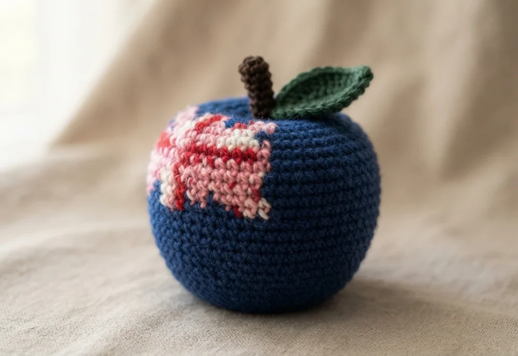 Crocheted navy blue apple with a pink and white Union Jack motif on the front, a green crocheted leaf and a brown stem, resting on beige fabric.