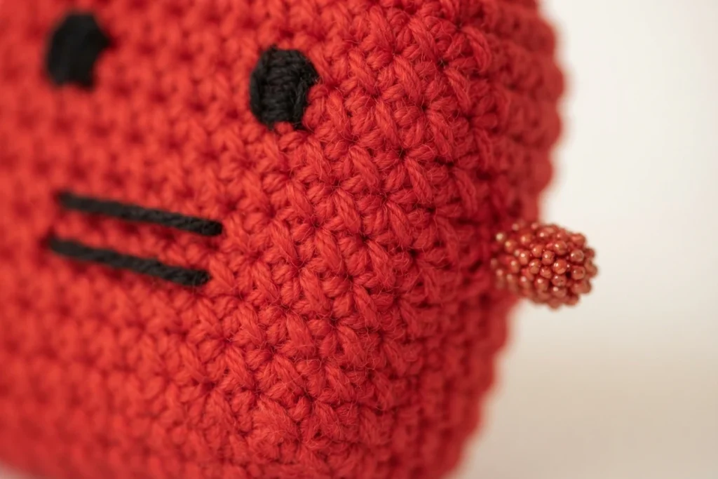Close-up of a red crocheted apple toy showing black embroidered eyes and stitched mouth lines, with a small textured brown stem, on a plain light background.