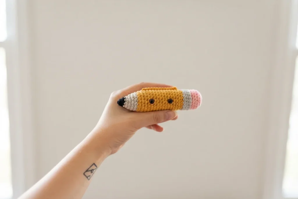 A hand holding a small crocheted pencil-shaped toy with a yellow body, a pink eraser end, a black tip and two dark button eyes, photographed against a plain light wall with soft window light.