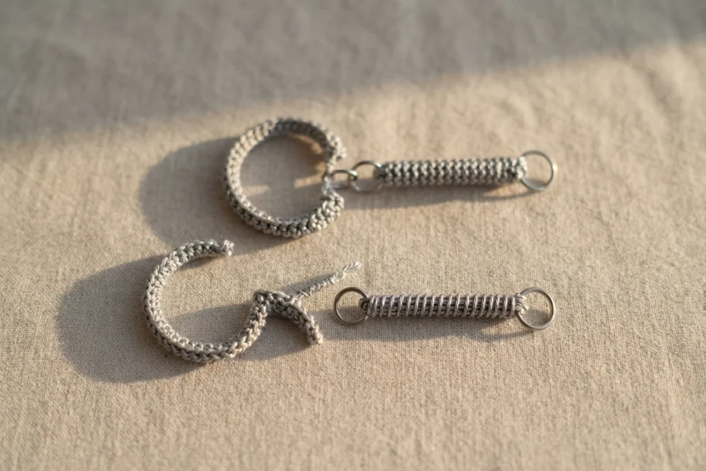 Two silver metal keyring clasps with a short spring-like tube attached, resting on beige linen fabric, beside a curved crocheted cord with a loose yarn tail.