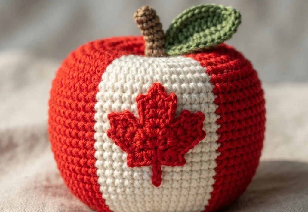 Crocheted stuffed apple in red yarn with a white vertical band on the front and a red crocheted maple leaf, topped with a brown crocheted stem and a green crocheted leaf, resting on light fabric.