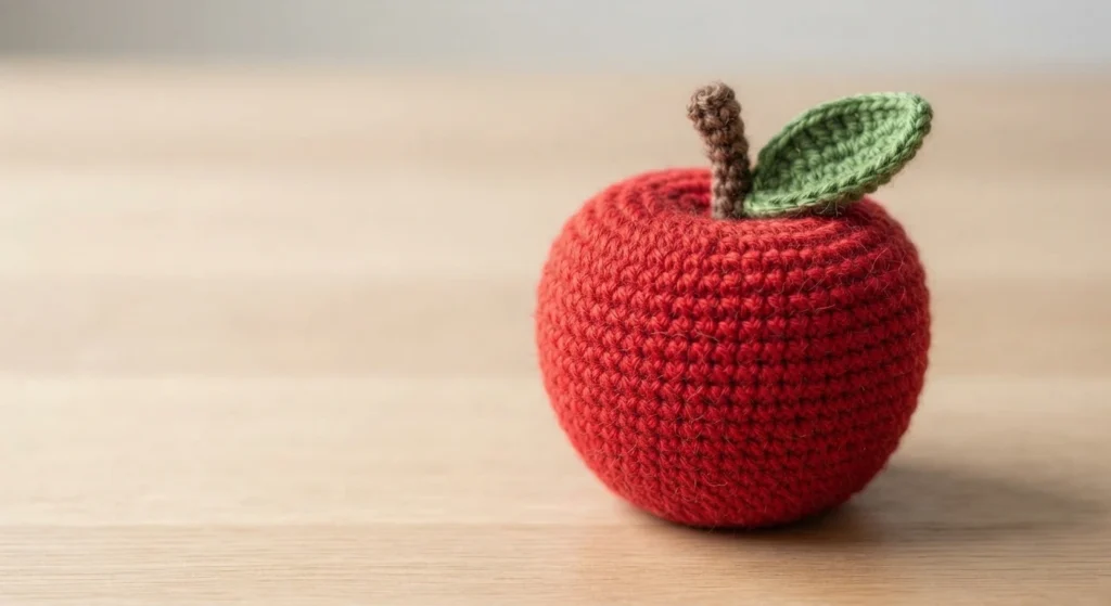 Crocheted red apple with a brown stem and a green leaf, resting on a light wooden surface