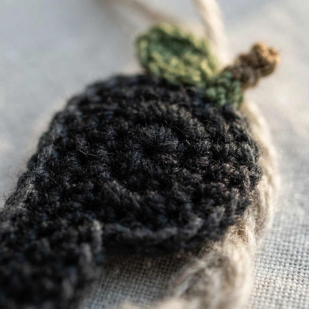 Close-up of a crocheted apple with a black or charcoal body, a small green leaf and a brown stem, resting on light woven fabric.