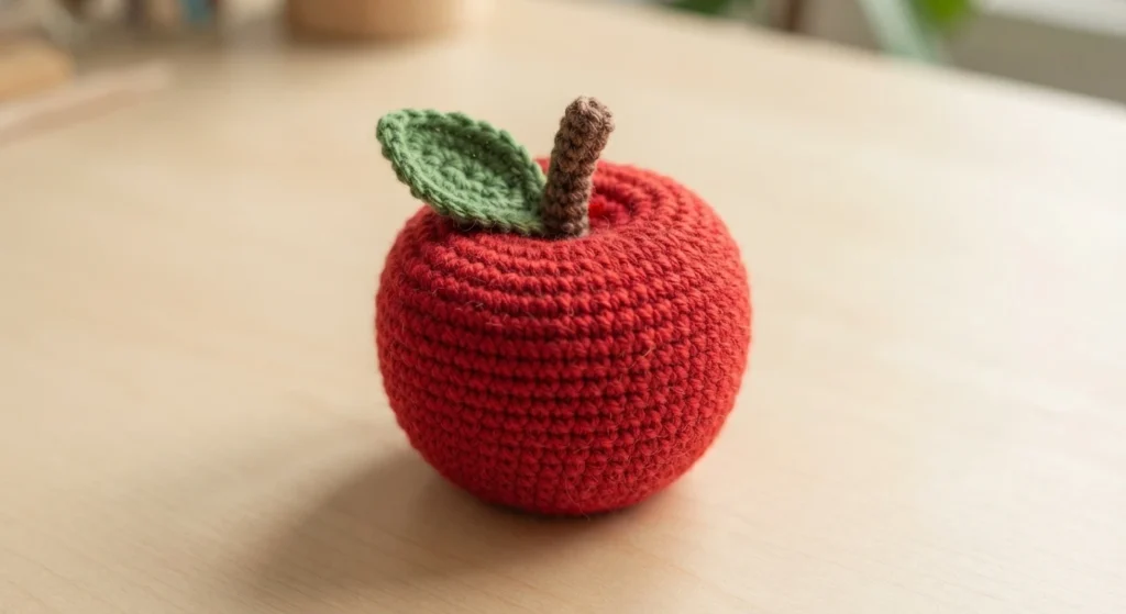 Crocheted red apple with a small green leaf and a brown stem, sitting on a light wooden table in soft daylight.
