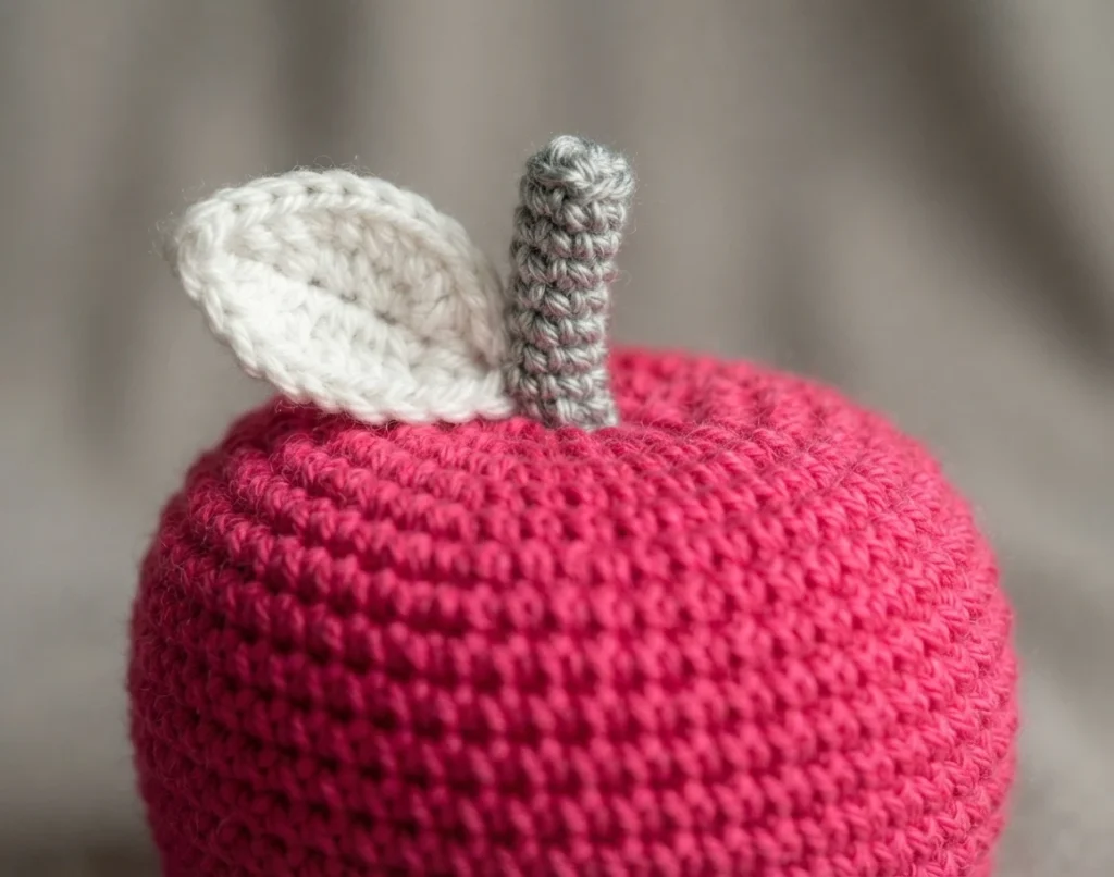 Crocheted apple in bright pink yarn with a white crocheted leaf and a grey crocheted stem, shown close up against a softly blurred grey background.