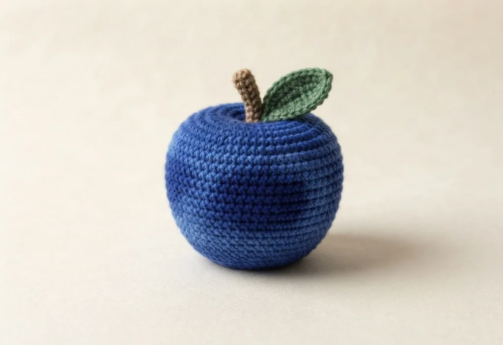 Crocheted blue apple with a brown crocheted stem and a green crocheted leaf, standing on a plain light beige background.