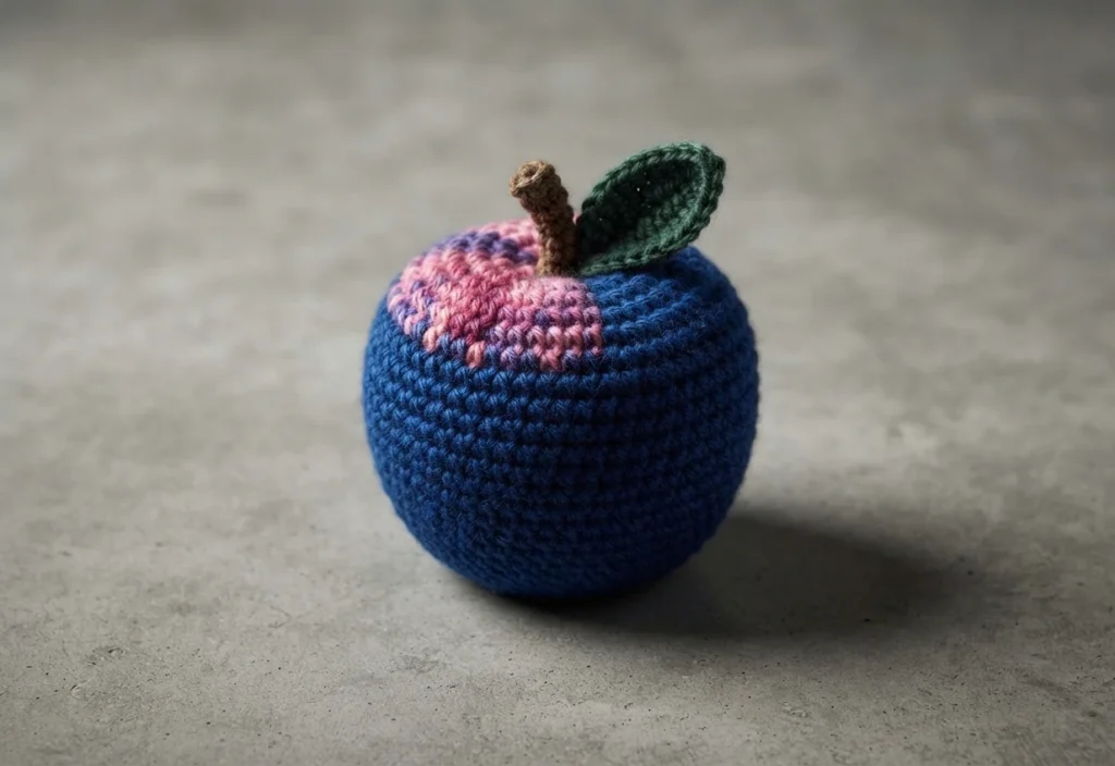 Crocheted stuffed apple in dark blue yarn with a pink and purple patch near the top, a small brown crocheted stem and a green leaf, resting on a grey concrete surface.