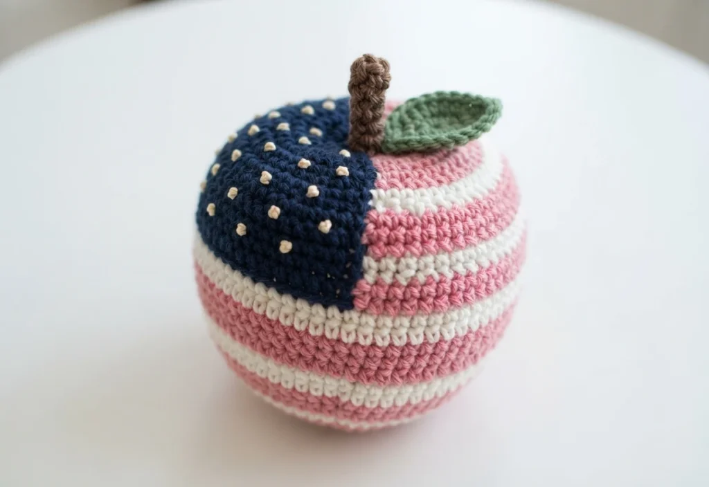 Crocheted apple with pink and white stripes and a navy blue section dotted with small white stitches, topped with a brown stem and a green leaf, resting on a white surface