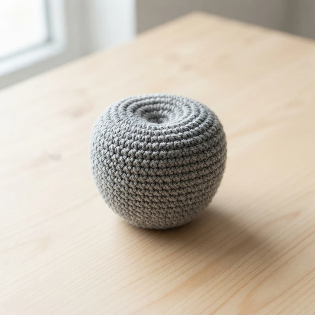 A gray crocheted spherical piece with visible spiral rounds, resting on a light wooden table beside a window.