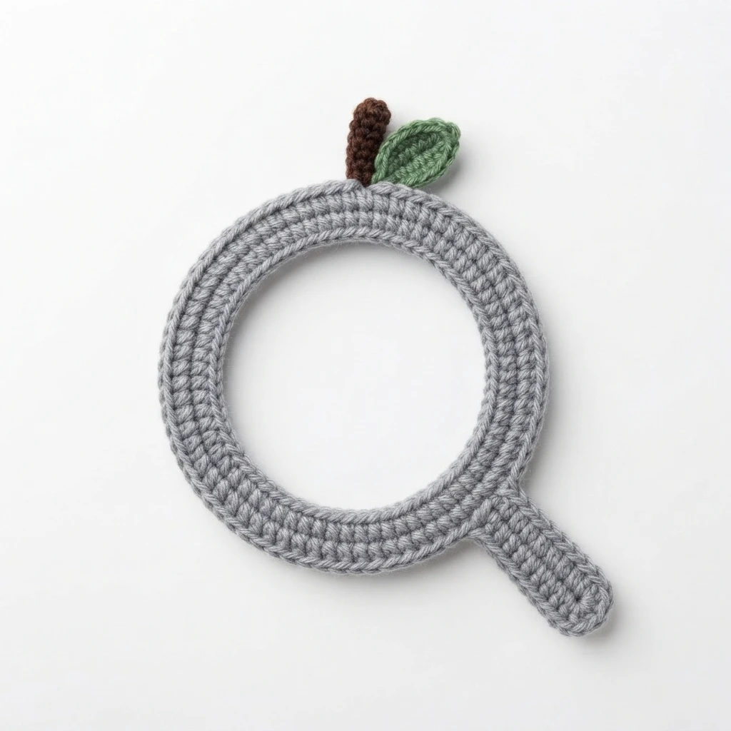 Crocheted grey ring shaped like the letter Q with a thick tail at the lower right, topped by a small brown stem and a green leaf, photographed flat on a plain white background.