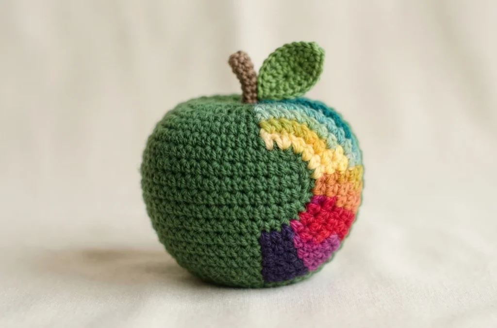 Crocheted green apple with a brown stem, a green leaf and a rainbow striped section on one side, sitting on a light fabric surface.
