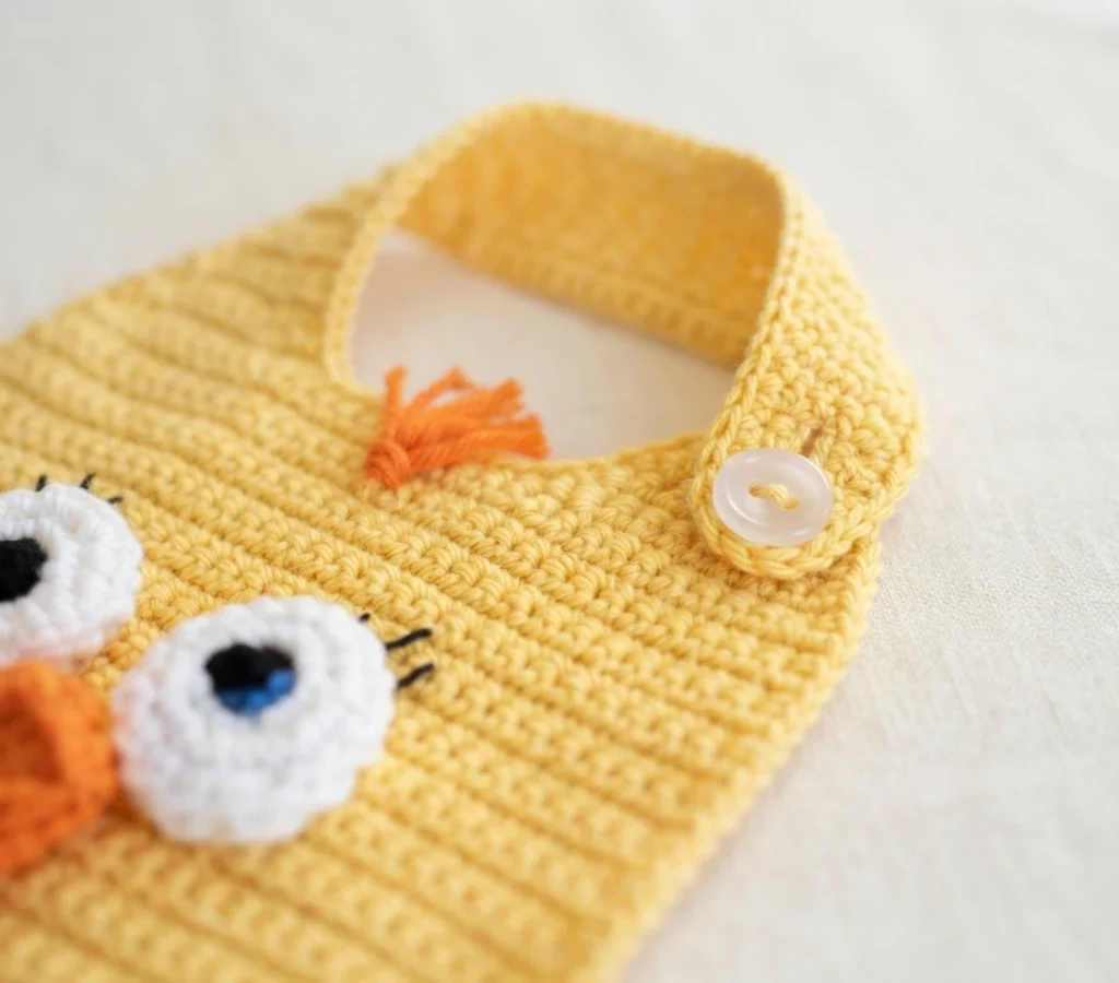 Close-up of a yellow crocheted chick baby bib with white eyes, orange beak, a small orange yarn tuft and a white button on the shoulder strap