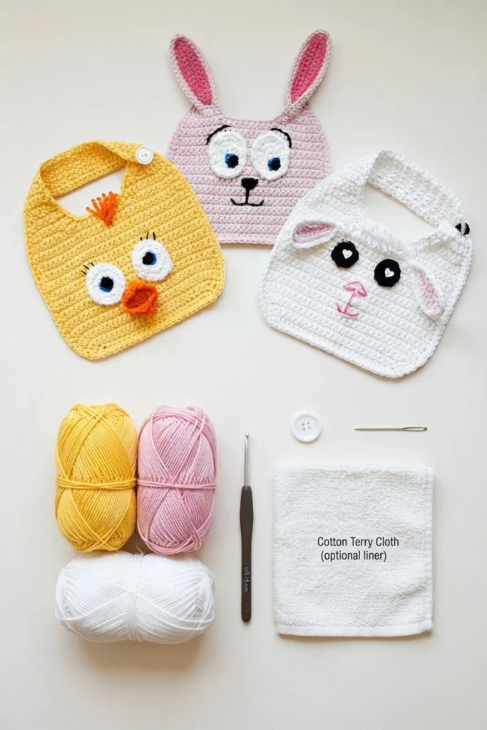 Three crocheted baby bibs as a yellow chick, pink bunny and white lamb, arranged with yarn skeins, a crochet hook, a button, a needle and a white terry cloth liner