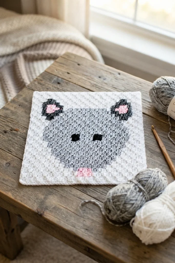 A white crochet square featuring a gray opossum face with black ears and eyes and pink details, displayed with yarn and a crochet hook.