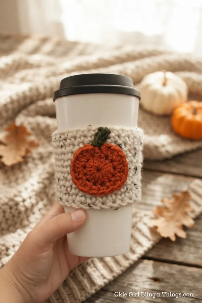 A hand holds a white takeaway cup wearing a cream crocheted cozy with an orange pumpkin and green stem, against a warm autumn background.