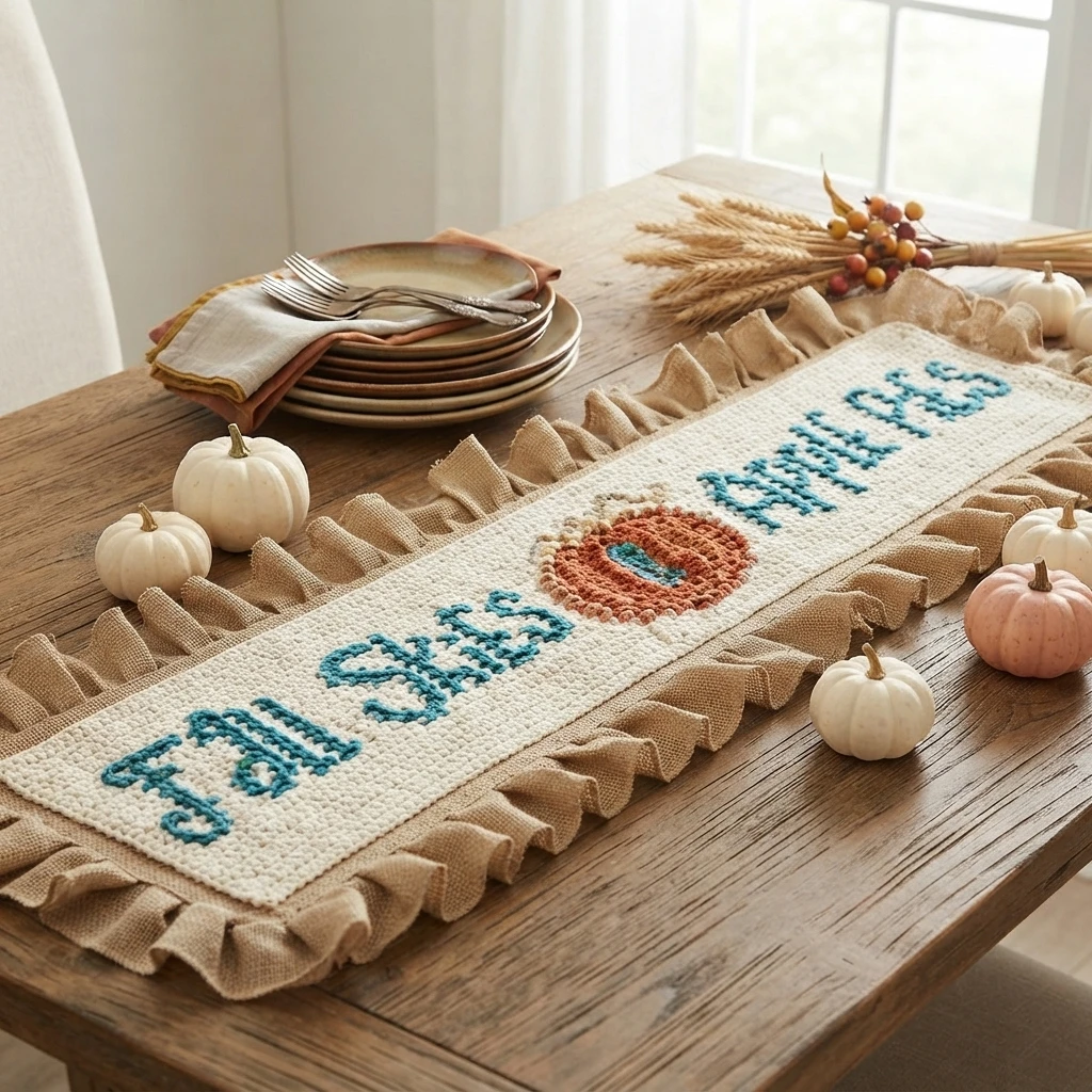 A cream crocheted table runner with teal lettering and an orange apple motif, styled on a wooden table with pumpkins and dishes.