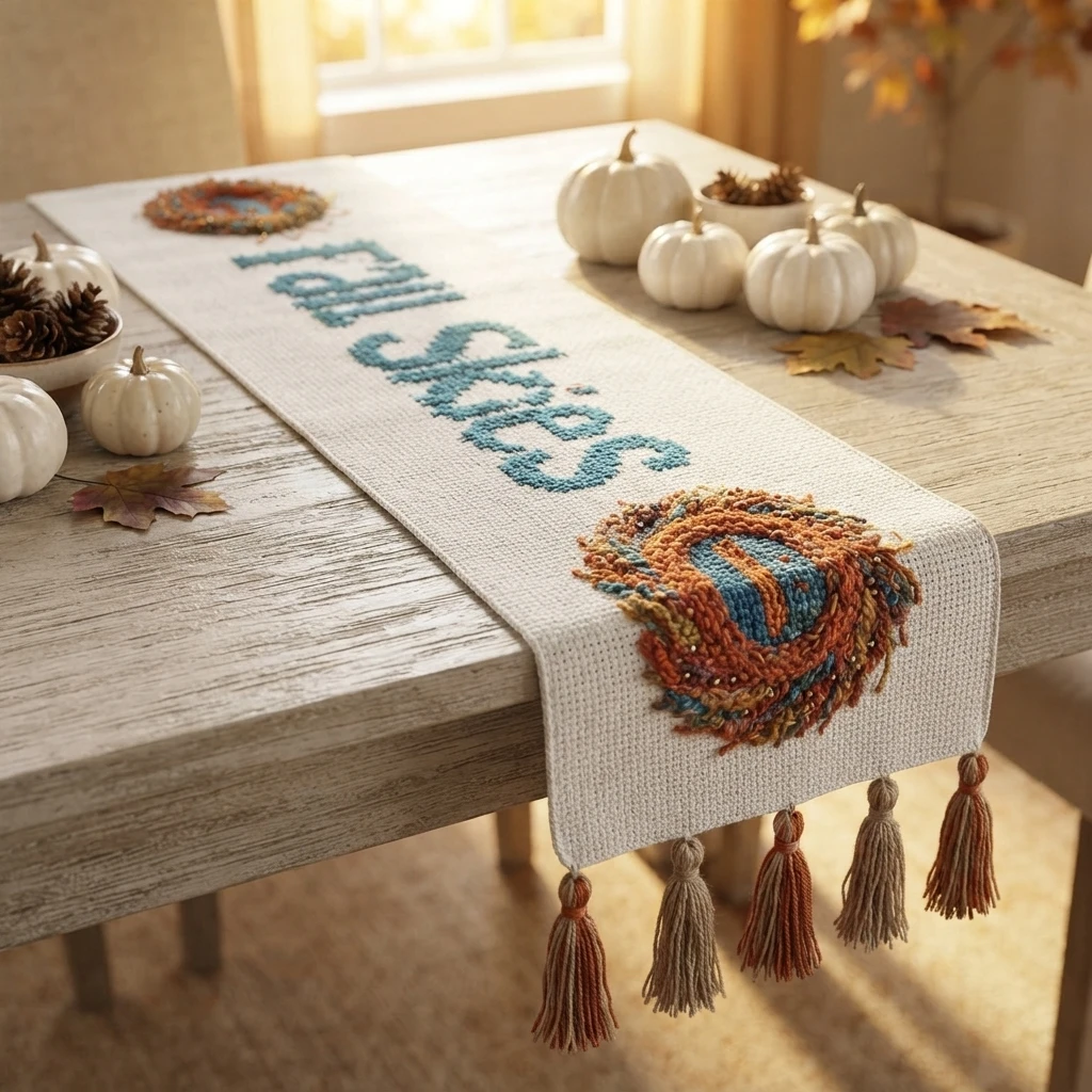A cream crochet table runner with blue lettering and a colorful autumn motif, displayed on a wooden table with pumpkins and fall decorations.