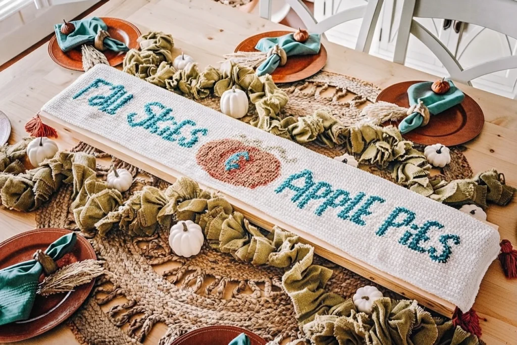 Chemin de table au crochet blanc avec une pomme orange et des lettres turquoise, posé sur une table décorée pour l’automne.