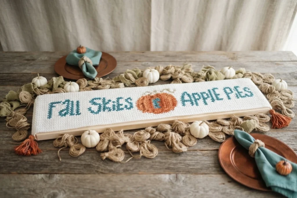 Chemin de table au crochet blanc avec des lettres bleu-vert, un motif orange au centre et des pompons aux extrémités, posé sur une table rustique entourée de petites citrouilles blanches.