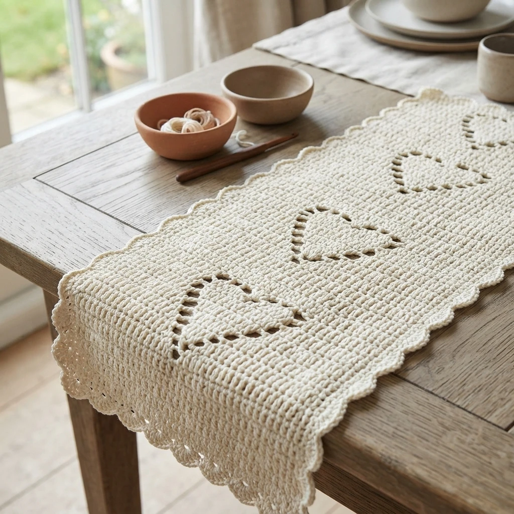 Chemin de table crocheté blanc à bord festonné posé sur une table en bois, avec des bols et un crochet à proximité.