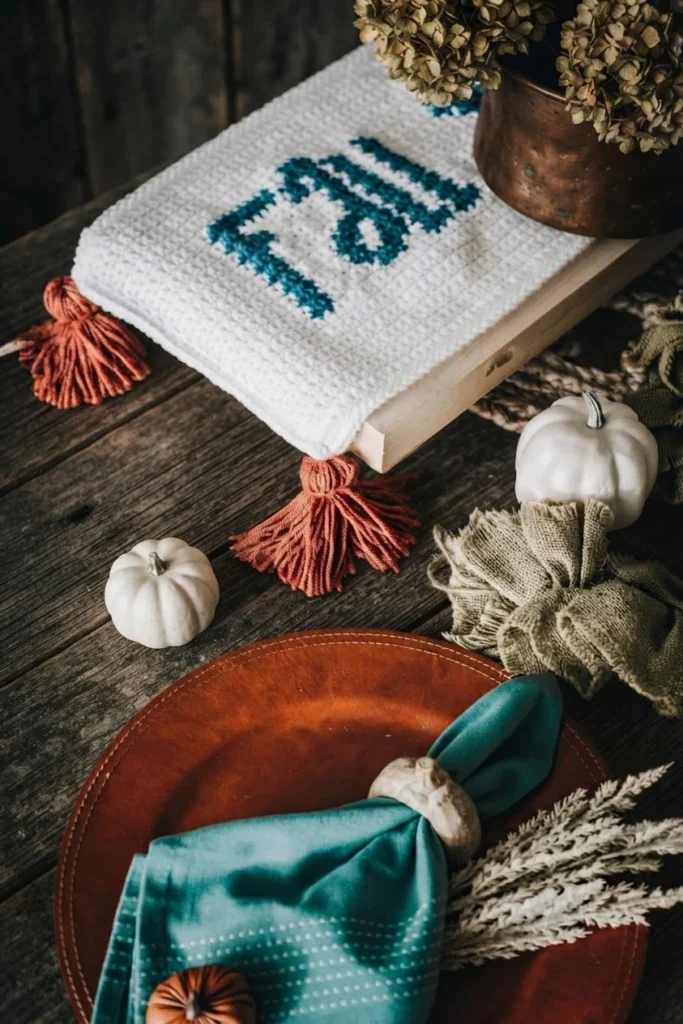 White crochet table runner with a teal motif and orange tassels, styled with pumpkins and a teal napkin.