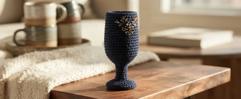 Coupe crochetée bleu foncé avec un motif végétal doré, posée sur une table en bois près d’un tissu clair.