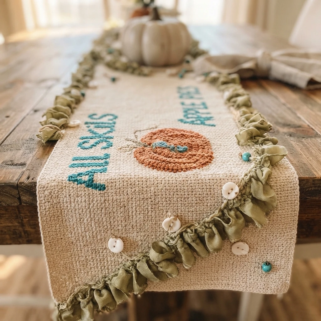 A cream crocheted table runner with turquoise lettering, an orange pumpkin motif, and a ruffled olive-green trim, displayed on a wooden table.
