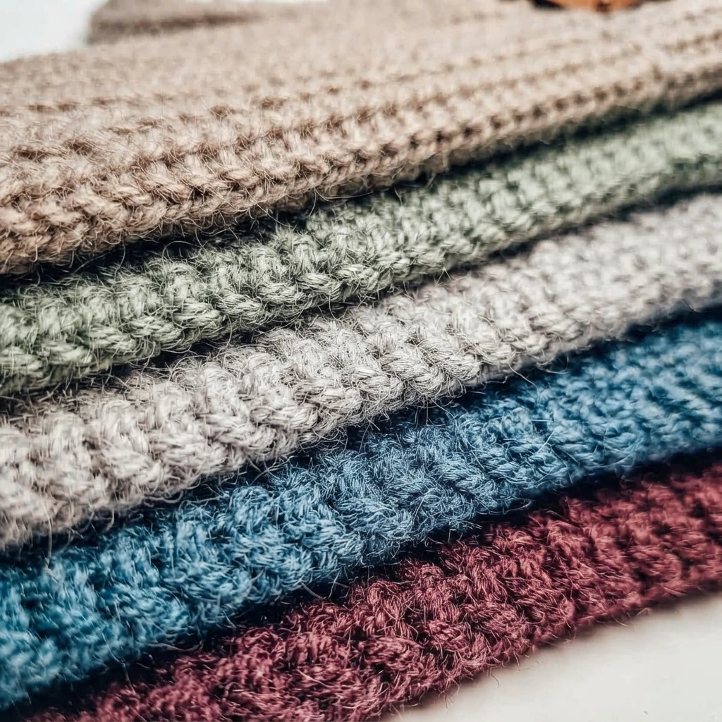 Close-up of layered crocheted pieces in beige, sage green, blue, and burgundy.