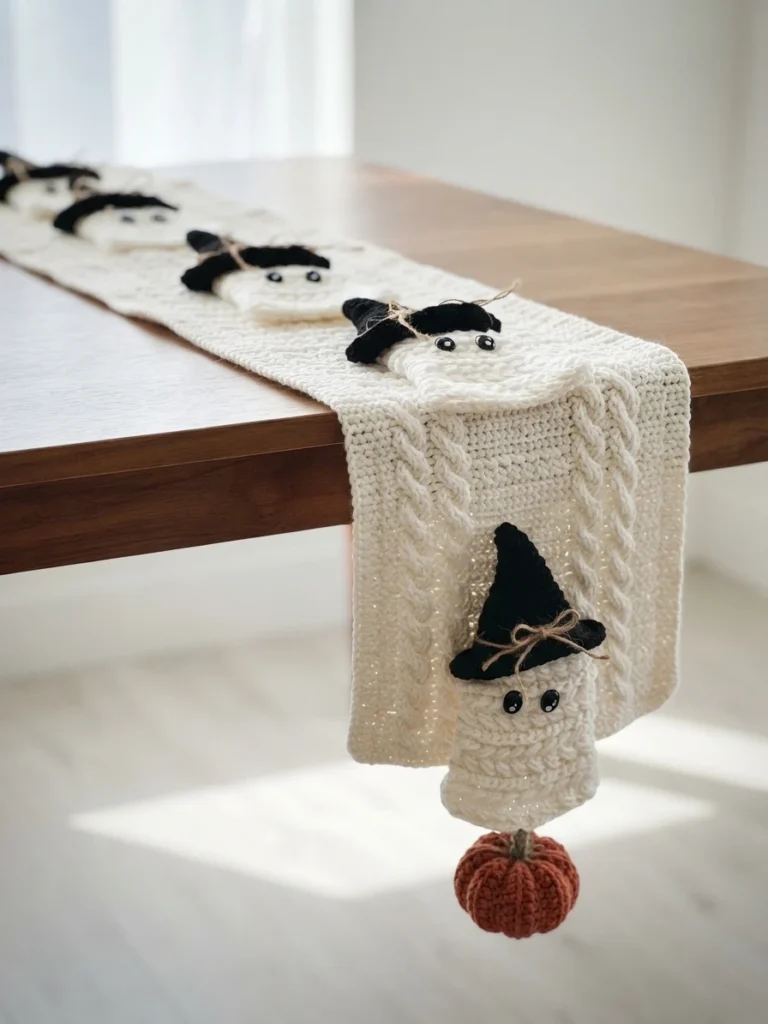 A cream crochet table runner with black-hatted ghost motifs draped over a wooden table, with an orange pumpkin dangling at the end.