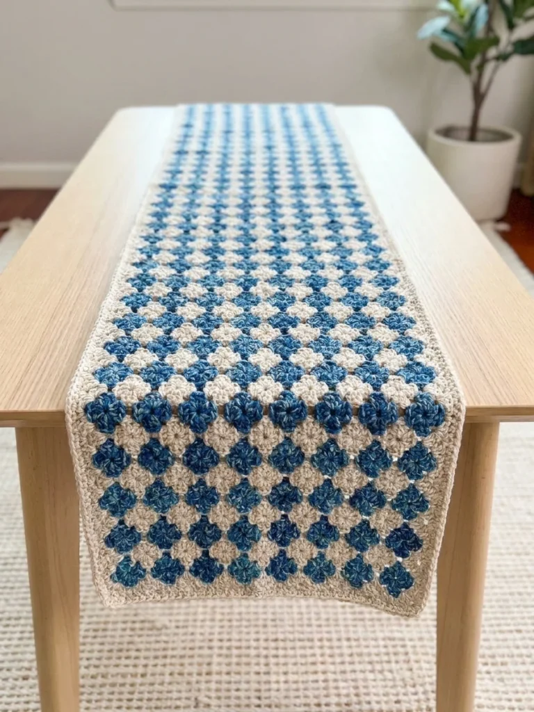 A blue and cream crocheted table runner with repeating raised floral motifs and a narrow border lies across a light wooden table.