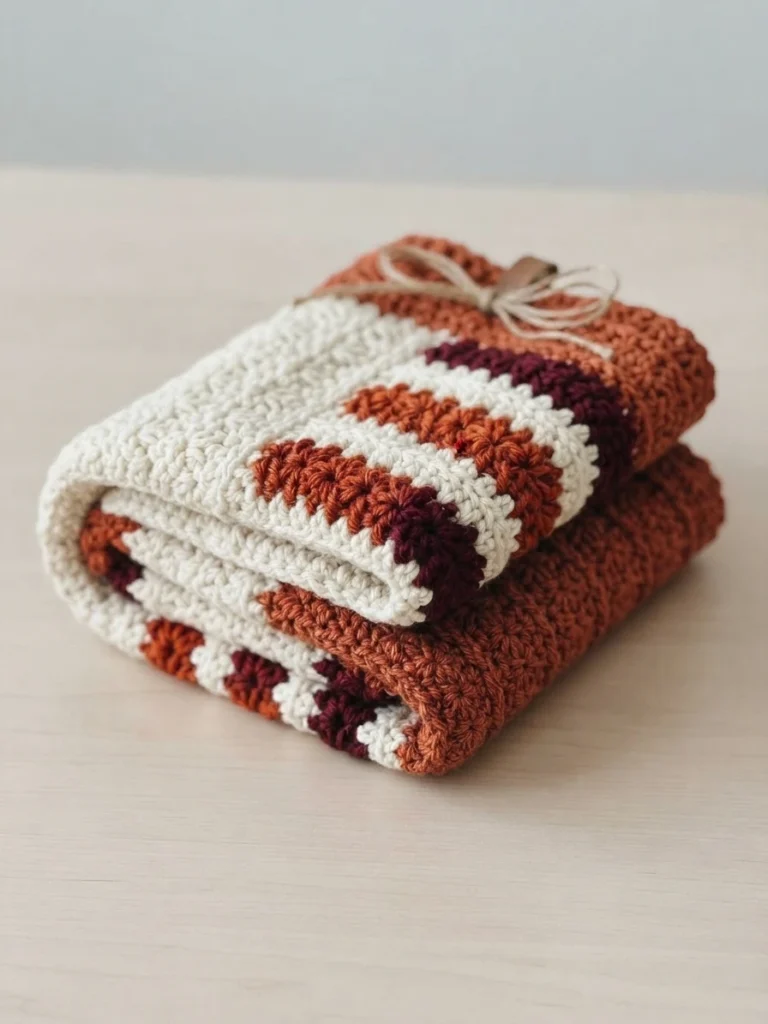 A folded crocheted table runner in cream, rust, and burgundy, tied with a small bow.