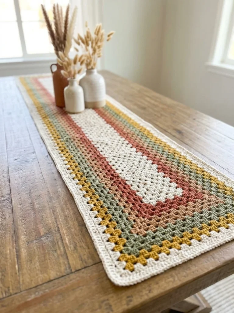 Chemin de table au crochet à bandes crème, rouille, vert sauge et moutarde, posé sur une table en bois avec des vases.