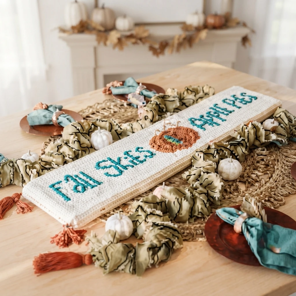 Chemin de table au crochet blanc avec des lettres turquoise et une pomme orange, présenté sur une table en bois entourée de décorations automnales.