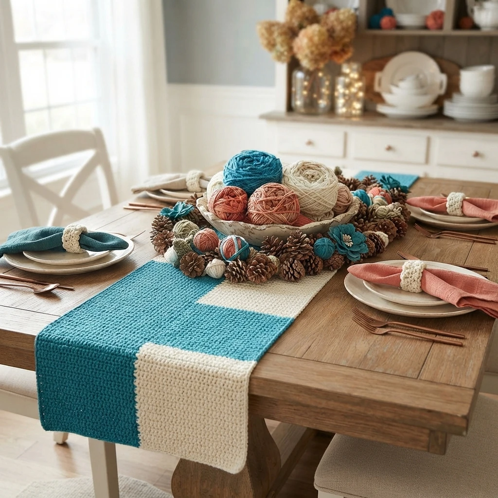 A turquoise and cream crocheted table runner on a wooden dining table, surrounded by autumn decorations and yarn balls.