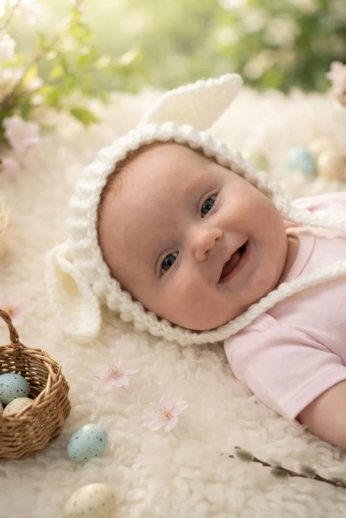 Smiling baby in a pink outfit wearing a white crochet bonnet with lamb ears, lying on a cream blanket beside a basket of speckled eggs and pink blossoms