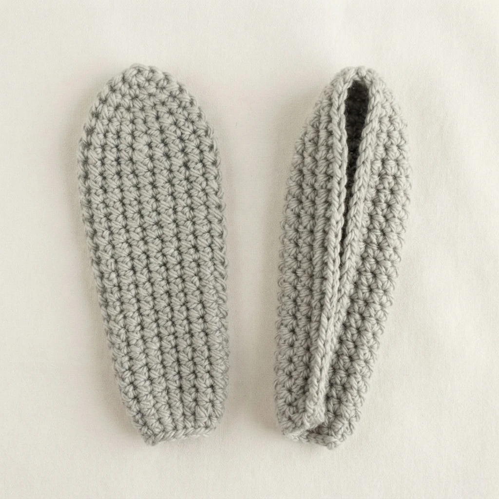 Two light grey crocheted bunny ears on a pale fabric background, one laid flat and one folded in half lengthwise