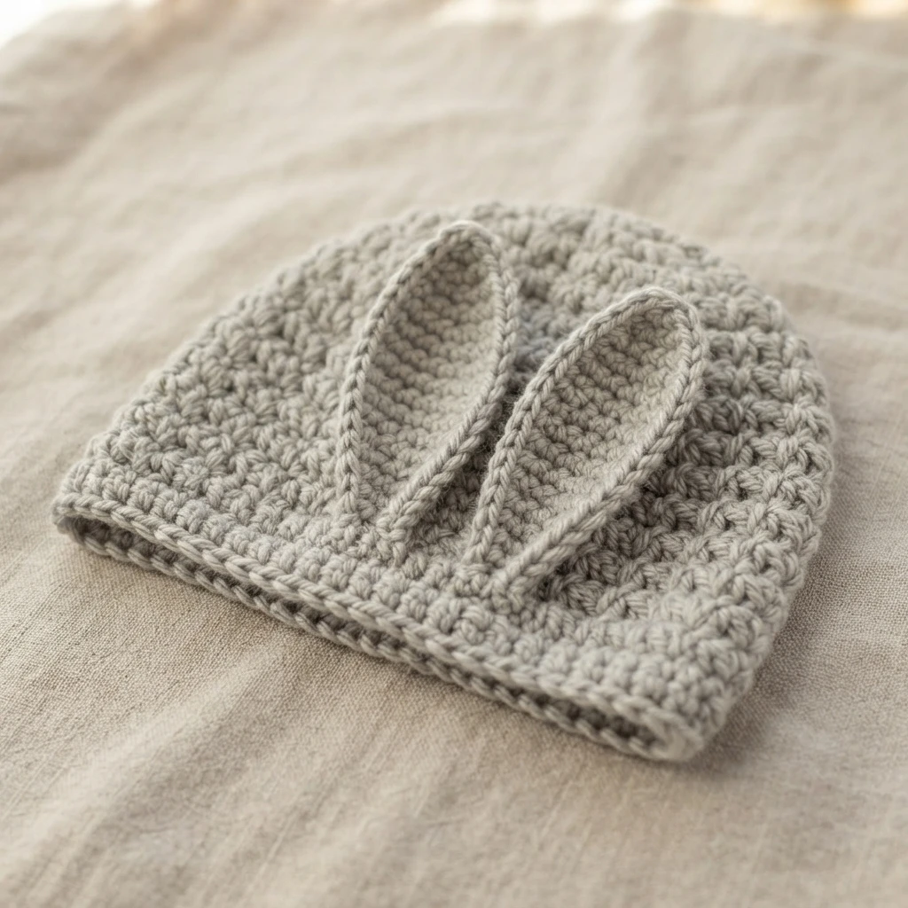Gray crochet bonnet laid flat on beige fabric with two short ears on top